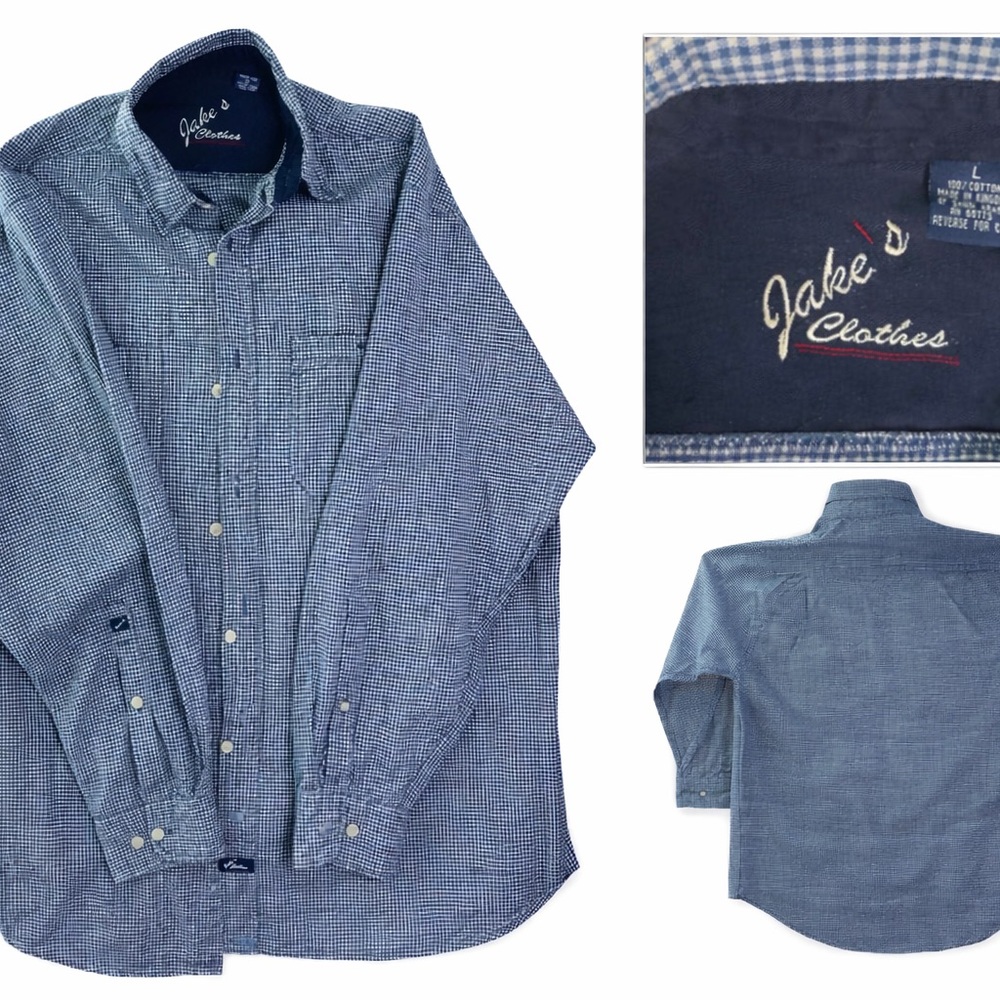 Jake’s Clothes Men’s Button Up Shirt Size L Blue Checkered Cotton Long Sleeve